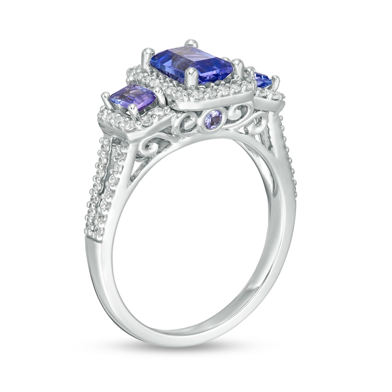 Emerald-Cut Tanzanite and 1/3 CT. T.W. Diamond Frame Three Stone Split Shank Engagement Ring in 14K White Gold