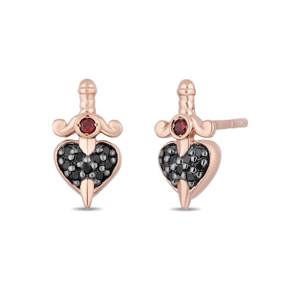 Enchanted Disney Villains Evil Queen Garnet and 1/8 CT. T.w. Black Diamond Stud Earrings in 10K Rose Gold