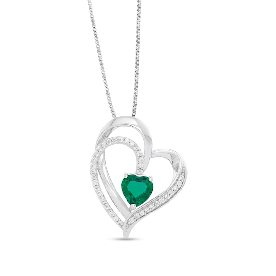 6.0mm Lab-Created Emerald and White Sapphire Tilted Double Loop Heart Pendant in Sterling Silver