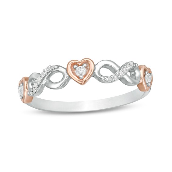 1/10 CT. T.W. Diamond Alternating Hearts and Infinity Symbols Ring in Sterling Silver and 10K Rose Gold - Size 7 1/10 CT. T.W. Diamond Alternating Hearts and Infinity Symbols Ring in Sterling Silver and 10K Rose Gold - Size 7