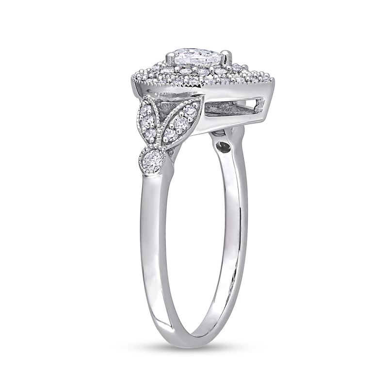 1/2 CT. T.W. Pear-Shaped Diamond Double Frame Leaf-Sides Vintage-Style Engagement Ring in 10K White Gold