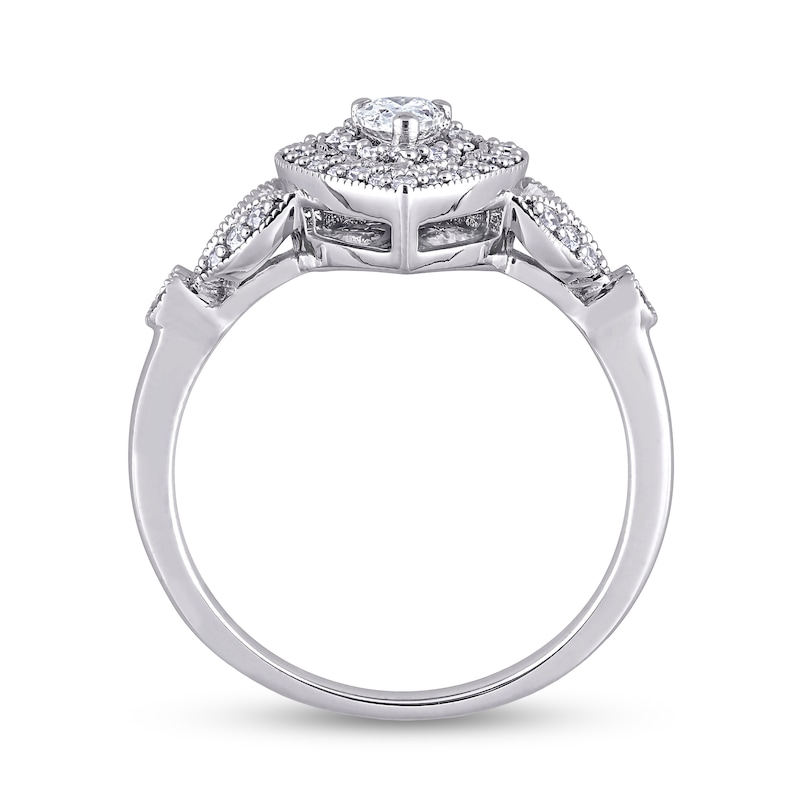 1/2 CT. T.W. Pear-Shaped Diamond Double Frame Leaf-Sides Vintage-Style Engagement Ring in 10K White Gold
