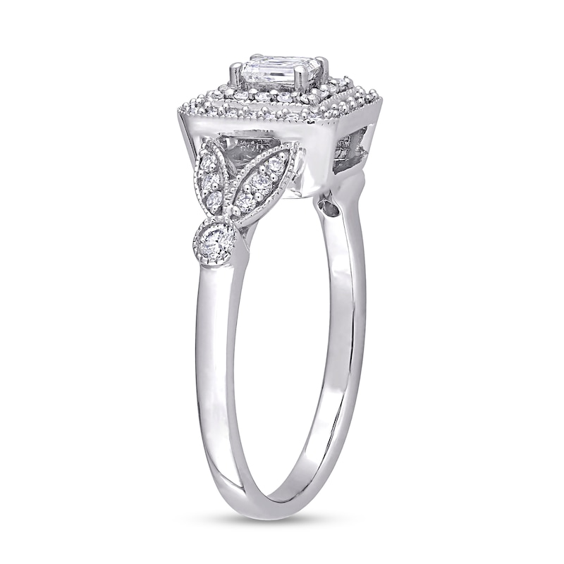 1/2 CT. T.W. Emerald-Cut Diamond Double Frame Leaf-Sides Vintage-Style Engagement Ring in 10K White Gold