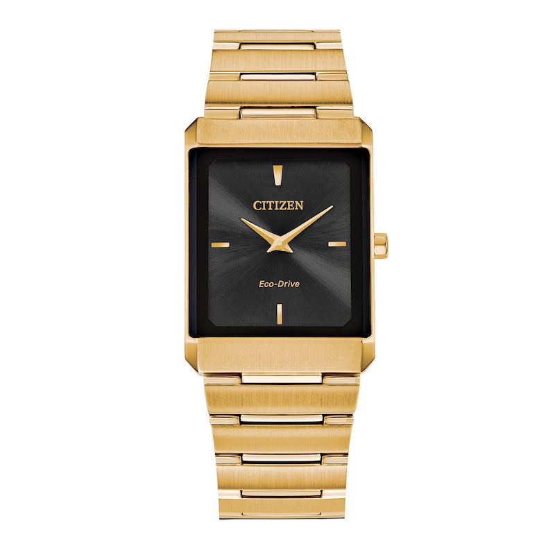 Citizen Eco-Drive® Stiletto Tank Gold-Tone Watch with Rectangular Black Dial (Model: AR3102-51E
