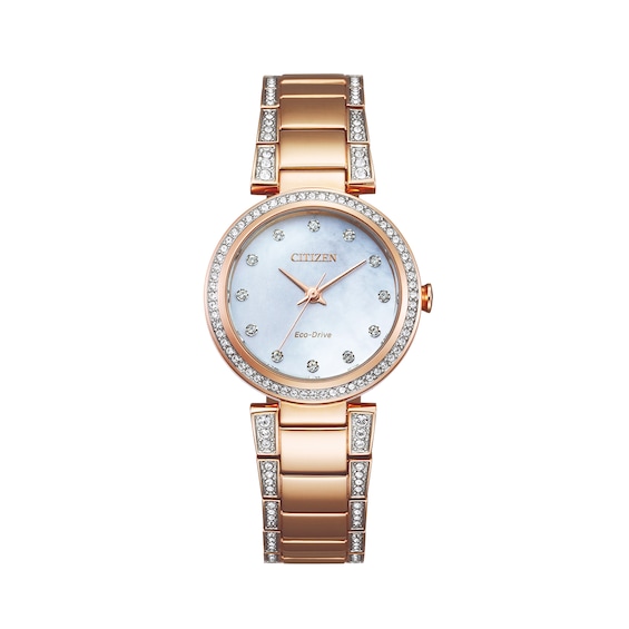 Ladies' Citizen Eco-Drive® Crystal Accent Rose-Tone Watch with Mother-of-Pearl Dial (Model: EM0843-51D) Ladies' Citizen Eco-Drive® Crystal Accent Rose-Tone Watch with Mother-of-Pearl Dial (Model: EM0843-51D)