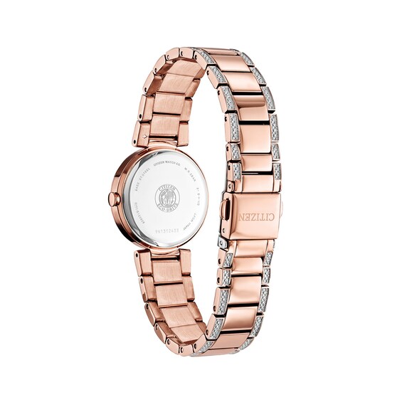 Ladies' Citizen Eco-Drive® Crystal Accent Rose-Tone Watch with Mother-of-Pearl Dial (Model: EM0843-51D) Ladies' Citizen Eco-Drive® Crystal Accent Rose-Tone Watch with Mother-of-Pearl Dial (Model: EM0843-51D)