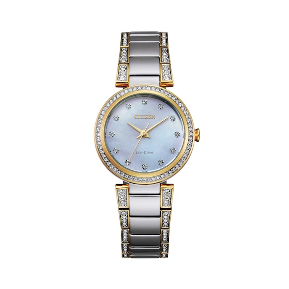 Ladies' Citizen Eco-DriveÂ® Crystal Accent Two-Tone Watch with Mother-of-Pearl Dial (Model: Em0844-58D)