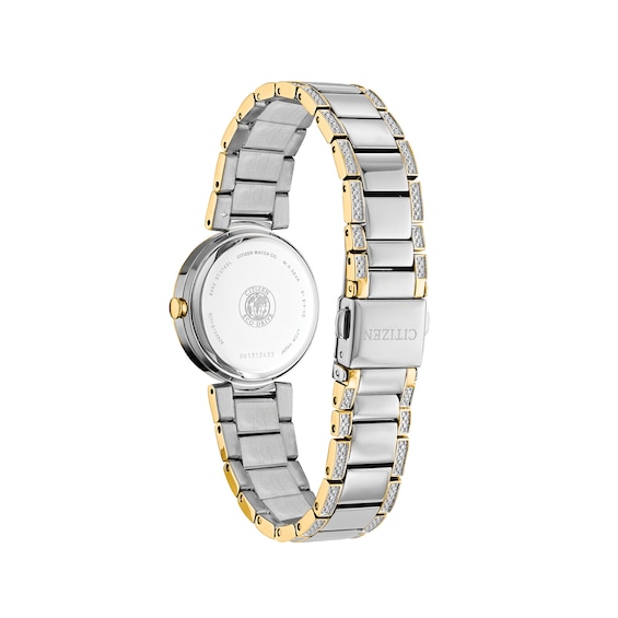 Ladies' Citizen Eco-Drive® Crystal Accent Two-Tone Watch with Mother-of-Pearl Dial (Model: EM0844-58D) Ladies' Citizen Eco-Drive® Crystal Accent Two-Tone Watch with Mother-of-Pearl Dial (Model: EM0844-58D)