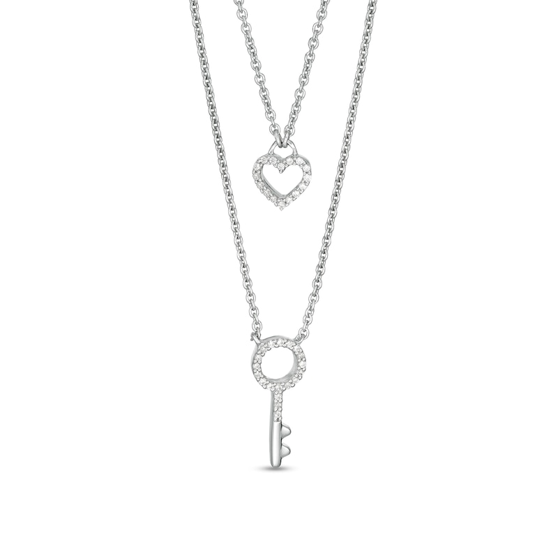Main Image 1 of 1/10 CT. T.W. Diamond Heart-Shaped Lock and Key Double Strand Necklace in Sterling Silver
