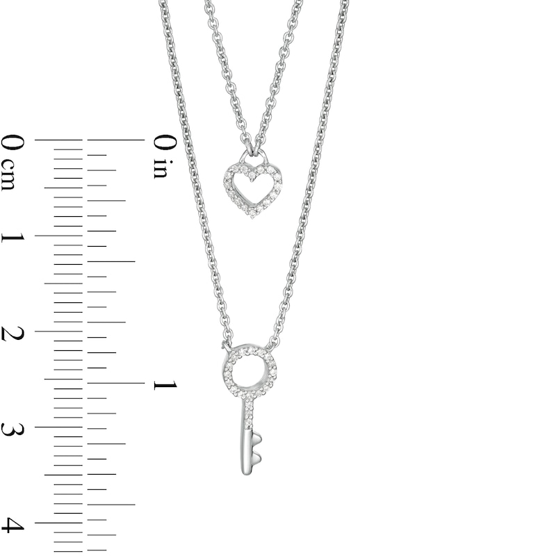 Main Image 3 of 1/10 CT. T.W. Diamond Heart-Shaped Lock and Key Double Strand Necklace in Sterling Silver