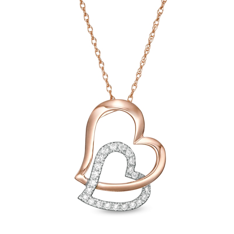 Main Image 1 of 1/6 CT. T.W. Diamond Tilted Double Heart Pendant in 10K Two-Tone Gold