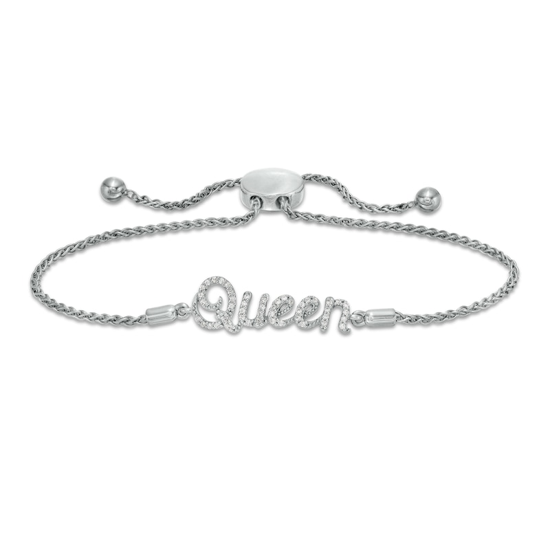 1/6 CT. T.W. Diamond Cursive "Queen" Bolo Bracelet in Sterling Silver - 10"