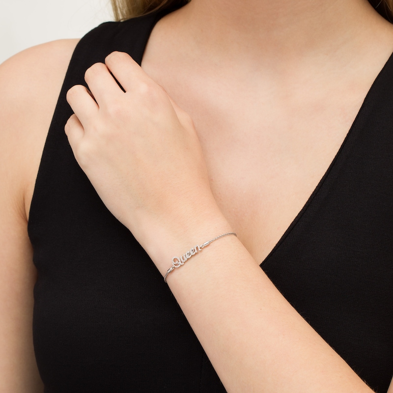 Main Image 2 of 1/6 CT. T.W. Diamond Cursive "Queen" Bolo Bracelet in Sterling Silver - 10"