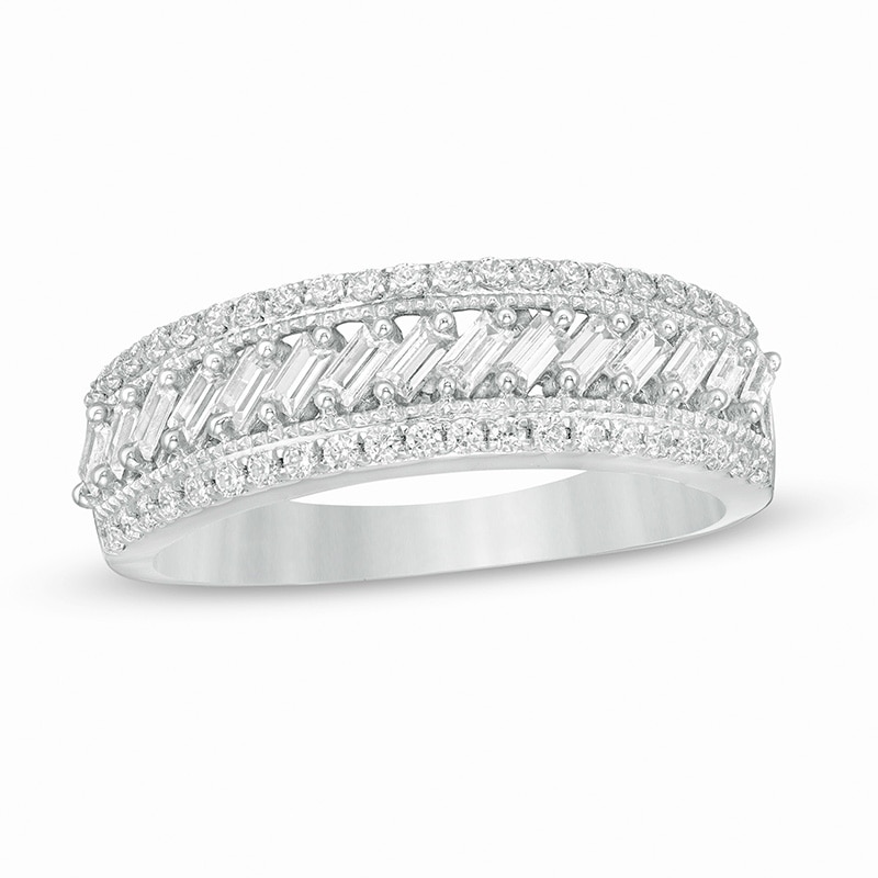 Main Image 1 of 1/2 CT. T.W. Baguette and Round Diamond Slant Multi-Row Band in 14K White Gold
