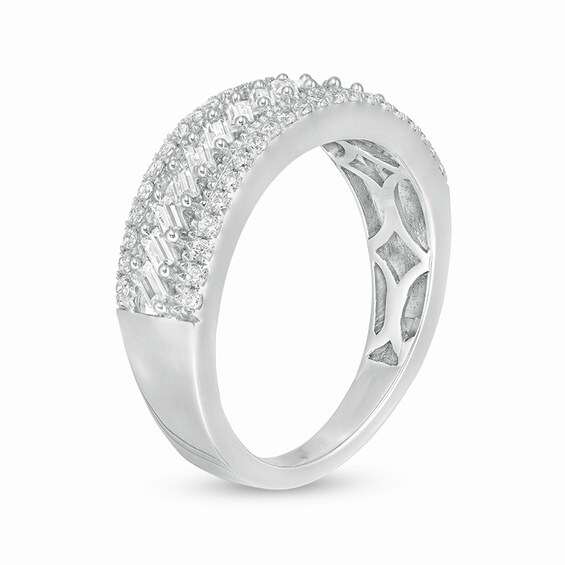 1/2 CT. T.w. Baguette and Round Diamond Slant Multi-Row Band in 14K White Gold