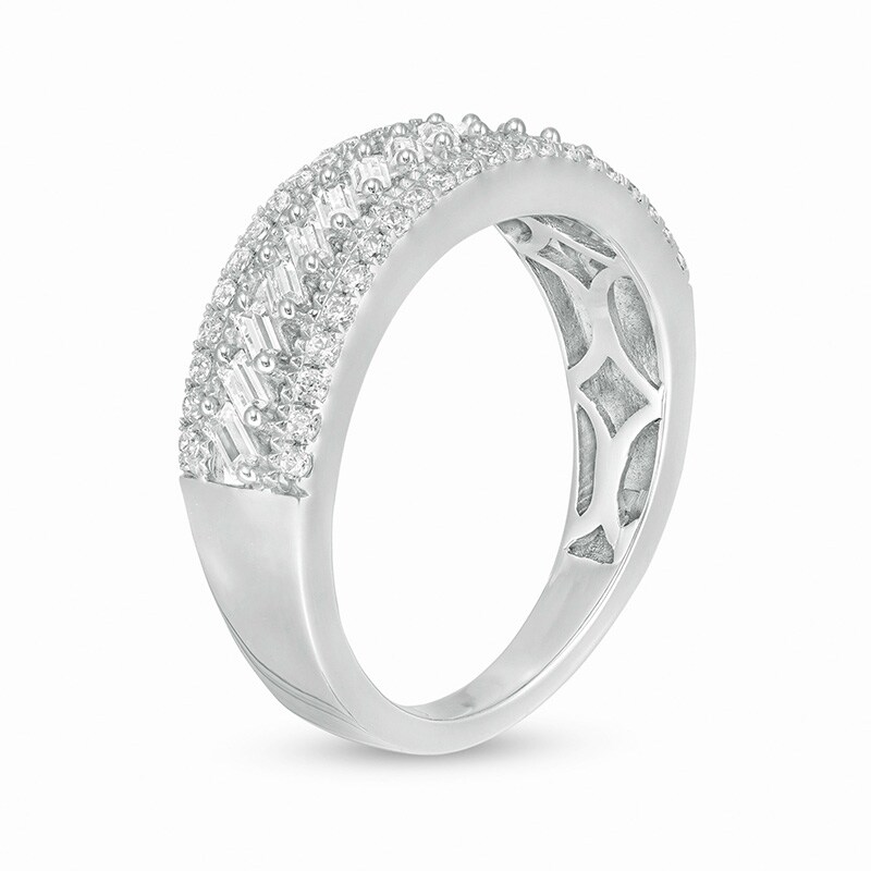 Main Image 3 of 1/2 CT. T.W. Baguette and Round Diamond Slant Multi-Row Band in 14K White Gold