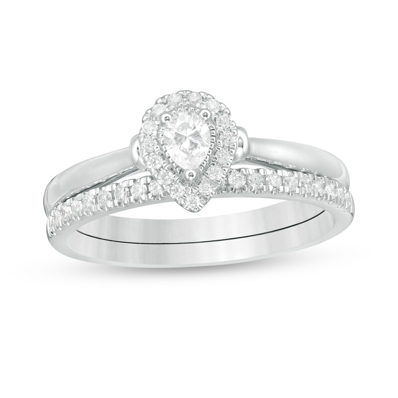 Main Image 1 of 3/8 CT. T.W. Pear-Shaped Diamond Frame Bridal Set in 14K White Gold