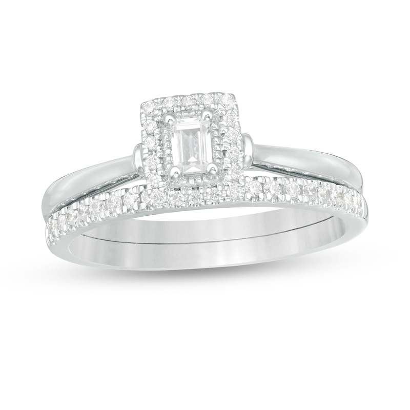 Main Image 1 of 3/8 CT. T.W. Emerald-Cut Diamond Frame Bridal Set in 14K White Gold
