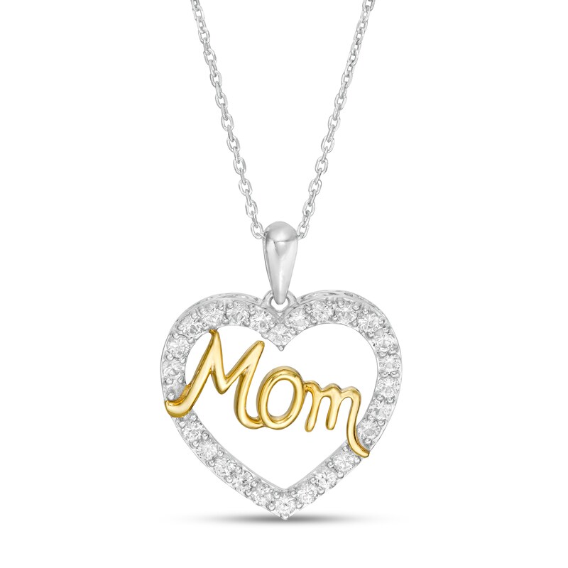 Main Image 1 of White Lab-Created Sapphire "Mom" Heart Pendant in Sterling Silver and 14K Gold Plate
