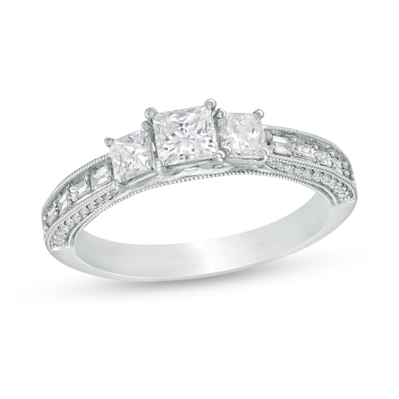 1 CT. T.w. Princess-Cut Diamond Past Present FutureÂ® Vintage-Style Engagement Ring in 14K White Gold