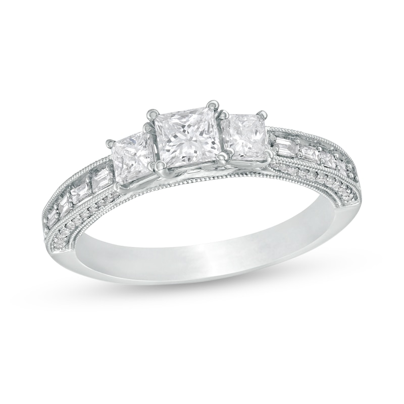 1 CT. T.W. Princess-Cut Diamond Past Present Future® Vintage-Style Engagement Ring in 14K White Gold