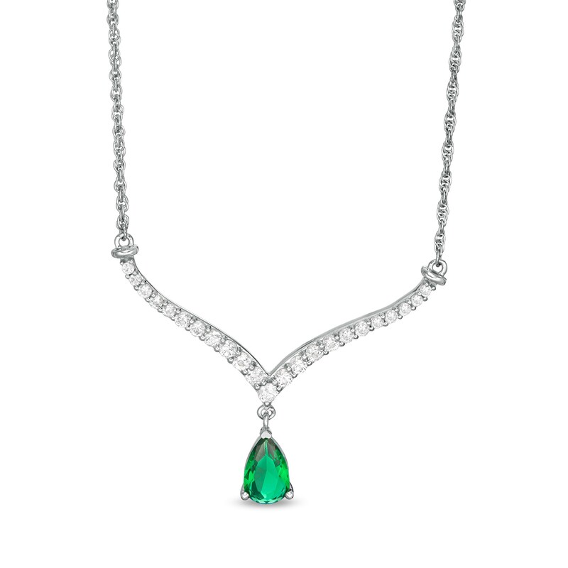Main Image 1 of Pear-Shaped Lab-Created Emerald and White Sapphire Chevron Necklace in Sterling Silver