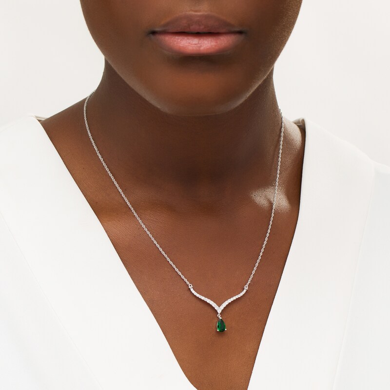 Main Image 2 of Pear-Shaped Lab-Created Emerald and White Sapphire Chevron Necklace in Sterling Silver