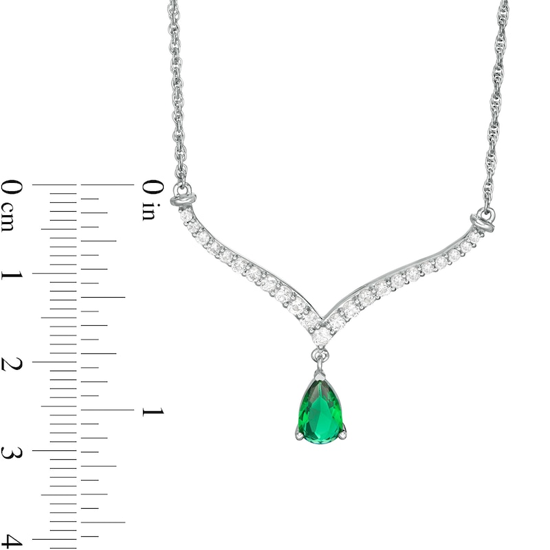 Main Image 3 of Pear-Shaped Lab-Created Emerald and White Sapphire Chevron Necklace in Sterling Silver
