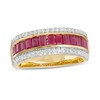 Thumbnail Image 1 of Baguette Ruby and 1/4 CT. T.W. Diamond Border Triple Row Band in 10K Gold