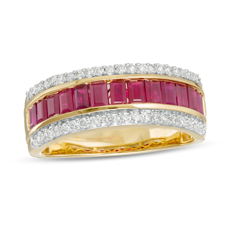 Main Image 1 of Baguette Ruby and 1/4 CT. T.W. Diamond Border Triple Row Band in 10K Gold