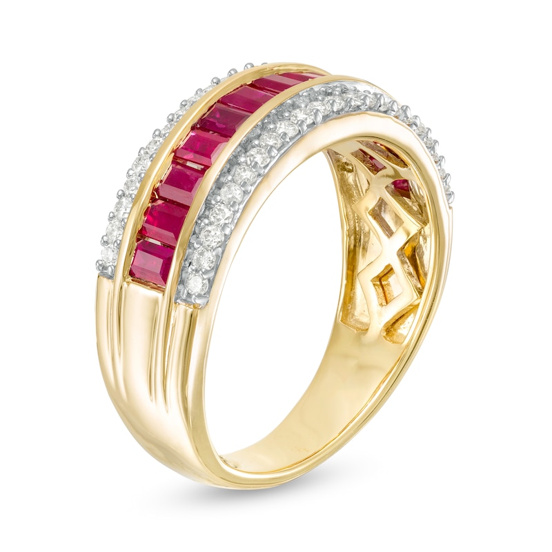 Main Image 3 of Baguette Ruby and 1/4 CT. T.W. Diamond Border Triple Row Band in 10K Gold