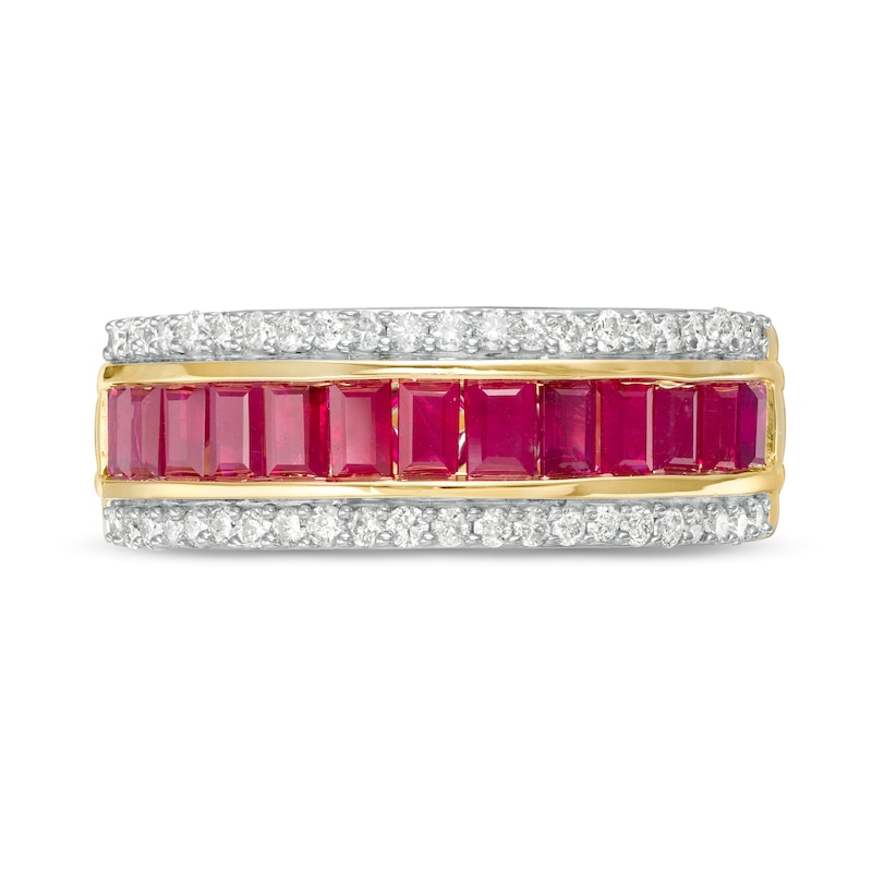 Main Image 4 of Baguette Ruby and 1/4 CT. T.W. Diamond Border Triple Row Band in 10K Gold