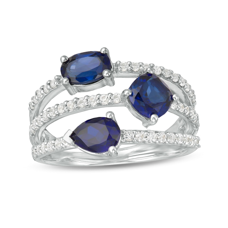 Multi-Shape Lab-Created Blue and White Sapphire Triple Row Split Shank Ring in Sterling Silver