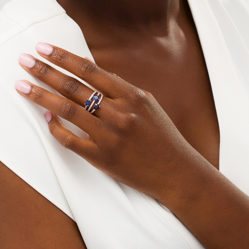 Main Image 2 of Multi-Shape Lab-Created Blue and White Sapphire Triple Row Split Shank Ring in Sterling Silver