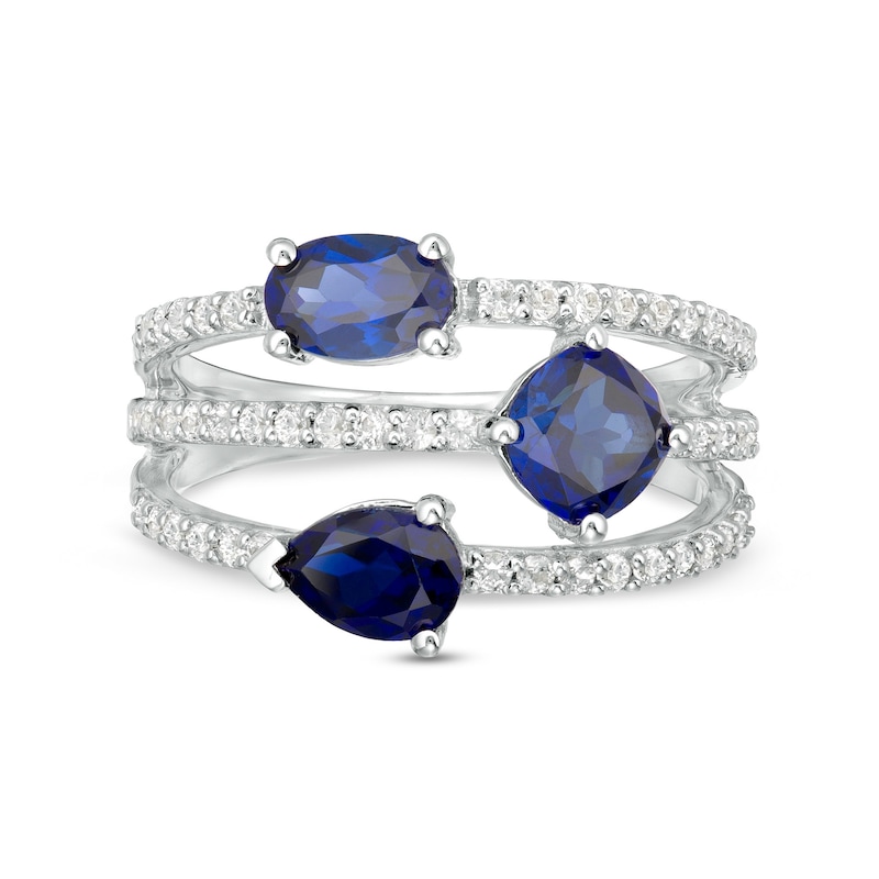 Multi-Shape Lab-Created Blue and White Sapphire Triple Row Split Shank Ring in Sterling Silver
