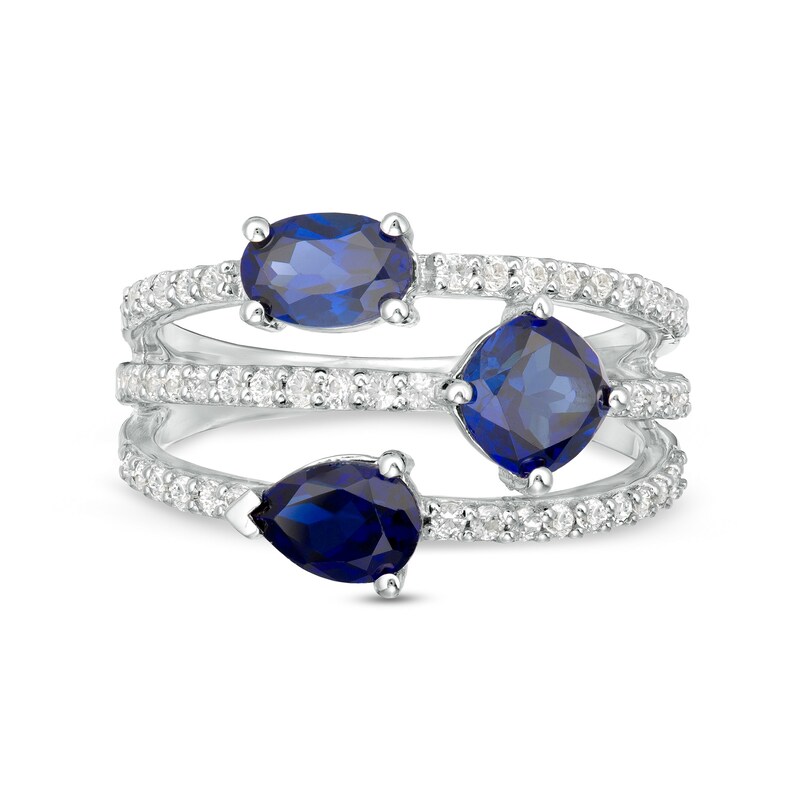 Main Image 4 of Multi-Shape Lab-Created Blue and White Sapphire Triple Row Split Shank Ring in Sterling Silver