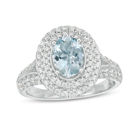 Oval Aquamarine and 5/8 CT. T.W. Diamond Double Frame Vintage-Style ...