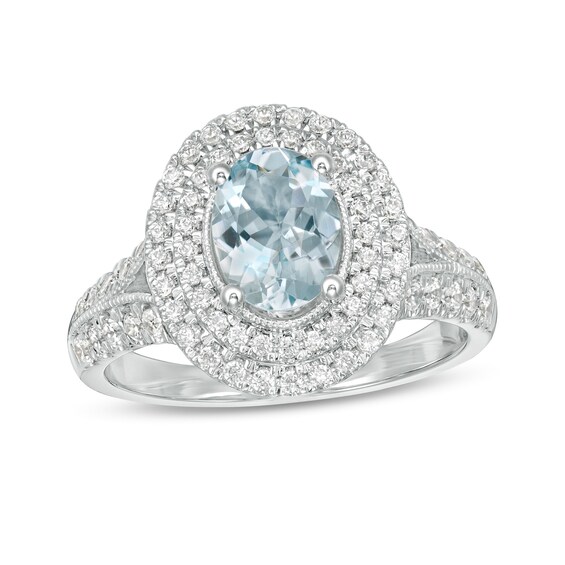 Oval Aquamarine and 5/8 CT. T.w. Diamond Double Frame Vintage-Style Engagement Ring in 14K White Gold