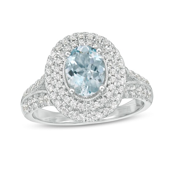 Oval Aquamarine and 5/8 CT. T.W. Diamond Double Frame Vintage-Style ...