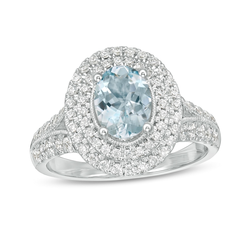 Main Image 1 of Oval Aquamarine and 5/8 CT. T.W. Diamond Double Frame Vintage-Style Engagement Ring in 14K White Gold