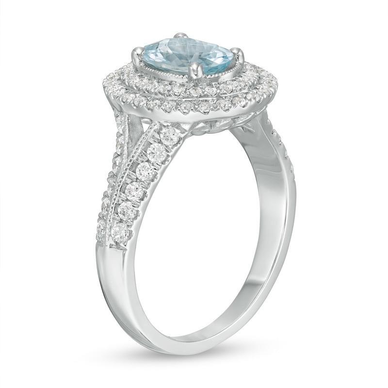 Main Image 3 of Oval Aquamarine and 5/8 CT. T.W. Diamond Double Frame Vintage-Style Engagement Ring in 14K White Gold