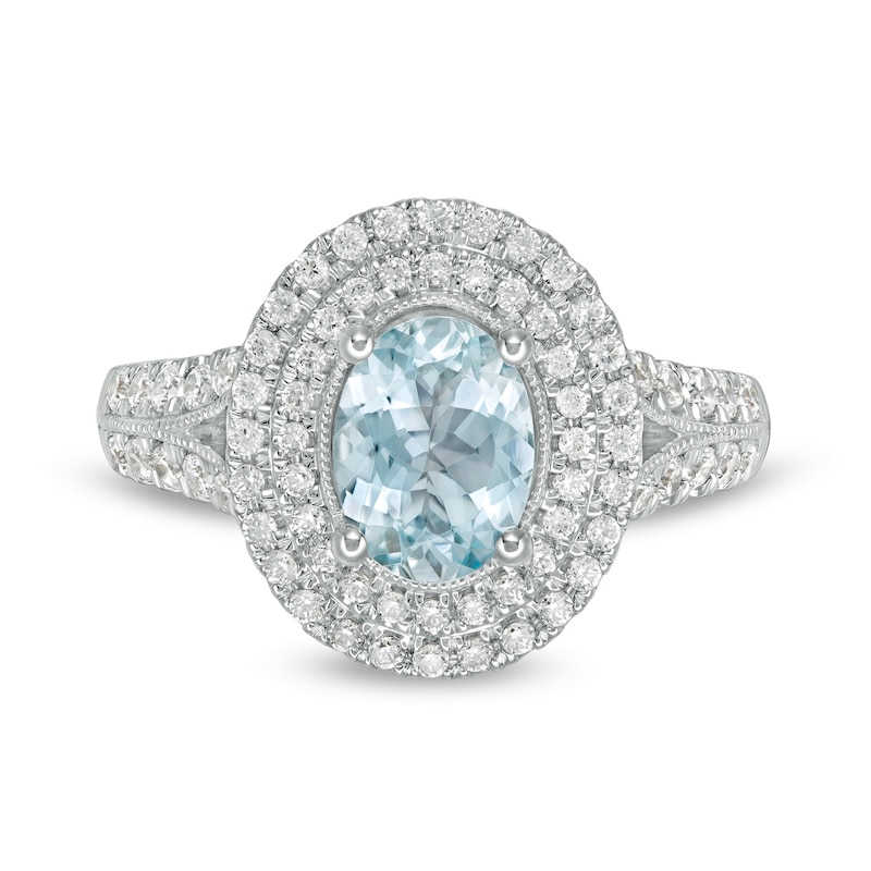 Main Image 4 of Oval Aquamarine and 5/8 CT. T.W. Diamond Double Frame Vintage-Style Engagement Ring in 14K White Gold