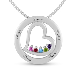 Mother's Birthstone Engravable Open Circle with Tilted Heart Pendant (1-5 Stones and Names)