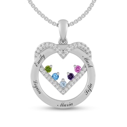 Mother's Birthstone and Lab-Created White Sapphire Heart Wrapped Engravable Open Circle Pendant (2-5 Stones and Names)