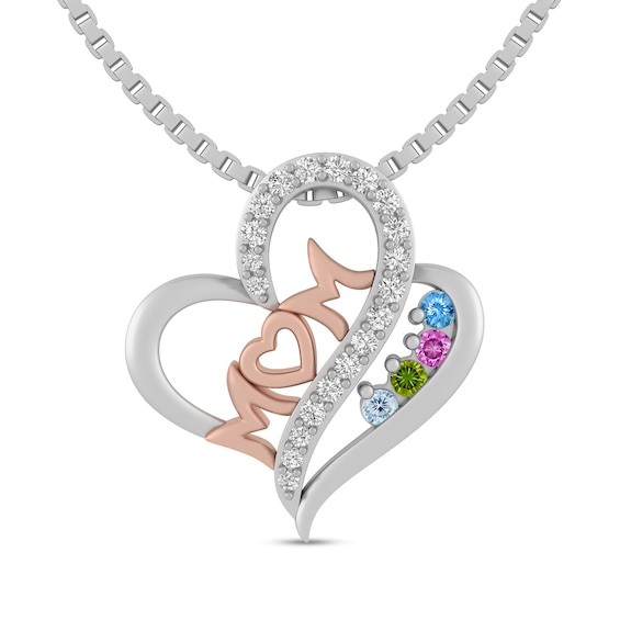 Mother's Birthstone and Lab-Created White Sapphire Double Loop Heart with 10K Rose Gold Mom Pendant (1-4 Stones)