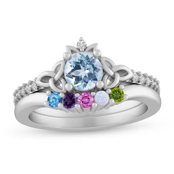 Mother's Birthstone and Lab-Created White Sapphire Celtic Trinity Knot Two Piece Stackable Ring Set (6 Stones)