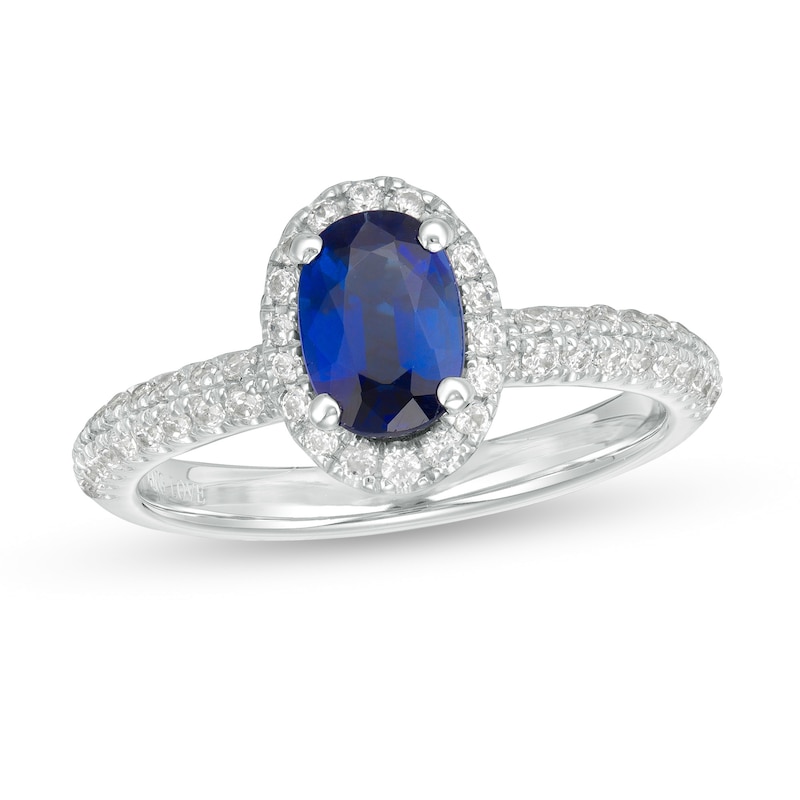 Vera Wang Love Collection Certified Oval Blue Sapphire and 3/8 CT. T.W. Diamond Frame Engagement Ring in 14K White Gold