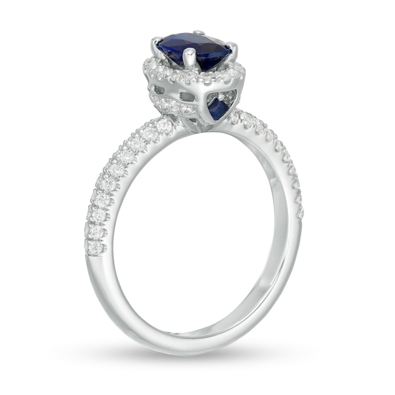 Vera Wang Love Collection Certified Oval Blue Sapphire and 3/8 CT. T.w. Diamond Frame Engagement Ring in 14K White Gold