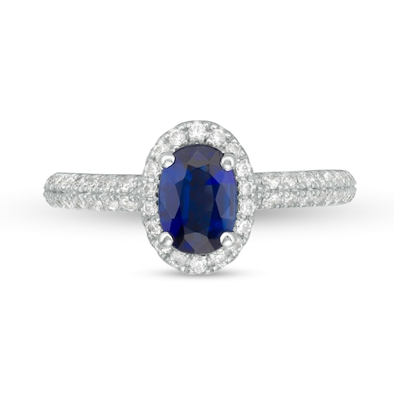 Vera Wang Love Collection Certified Oval Blue Sapphire and 3/8 CT. T.w. Diamond Frame Engagement Ring in 14K White Gold