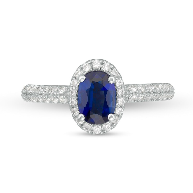 Main Image 4 of Vera Wang Love Collection Certified Oval Blue Sapphire and 3/8 CT. T.W. Diamond Frame Engagement Ring in 14K White Gold